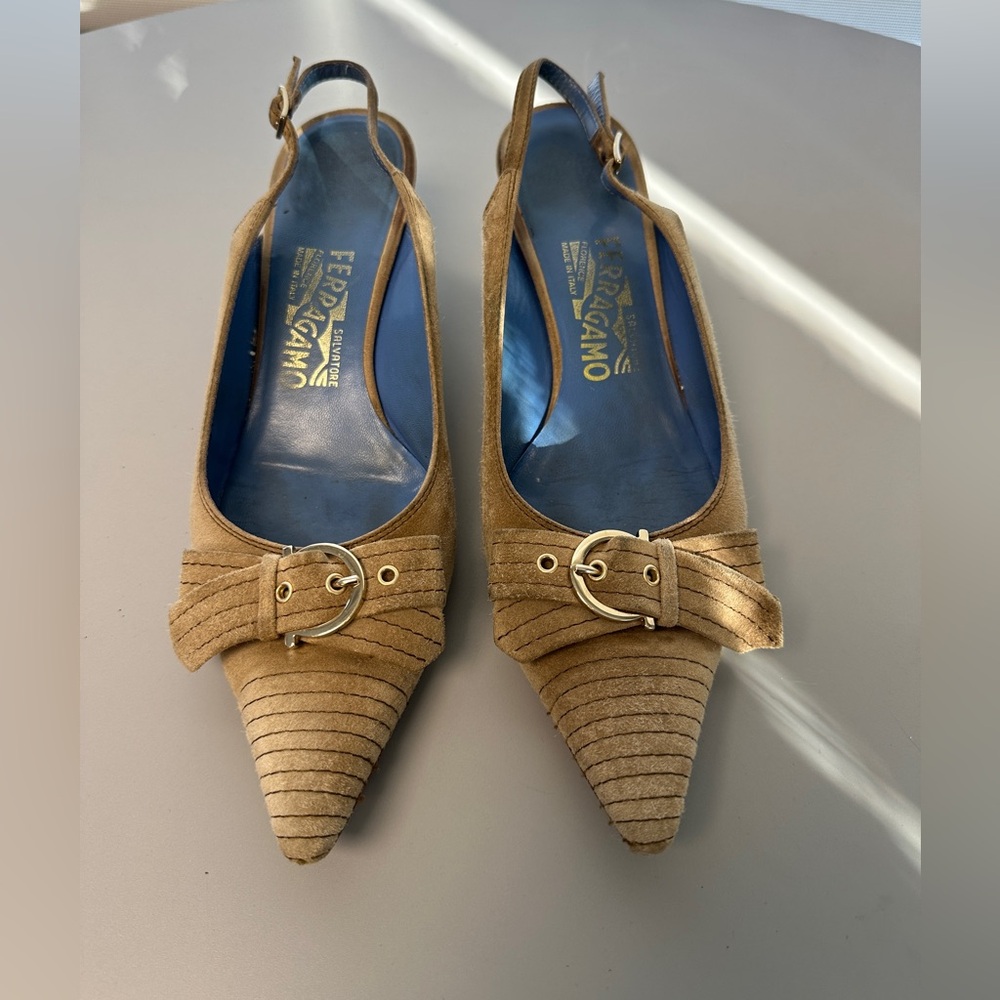 Salvatore Ferragamo Brown Suede Pointed Slingback Pumps with Buckle